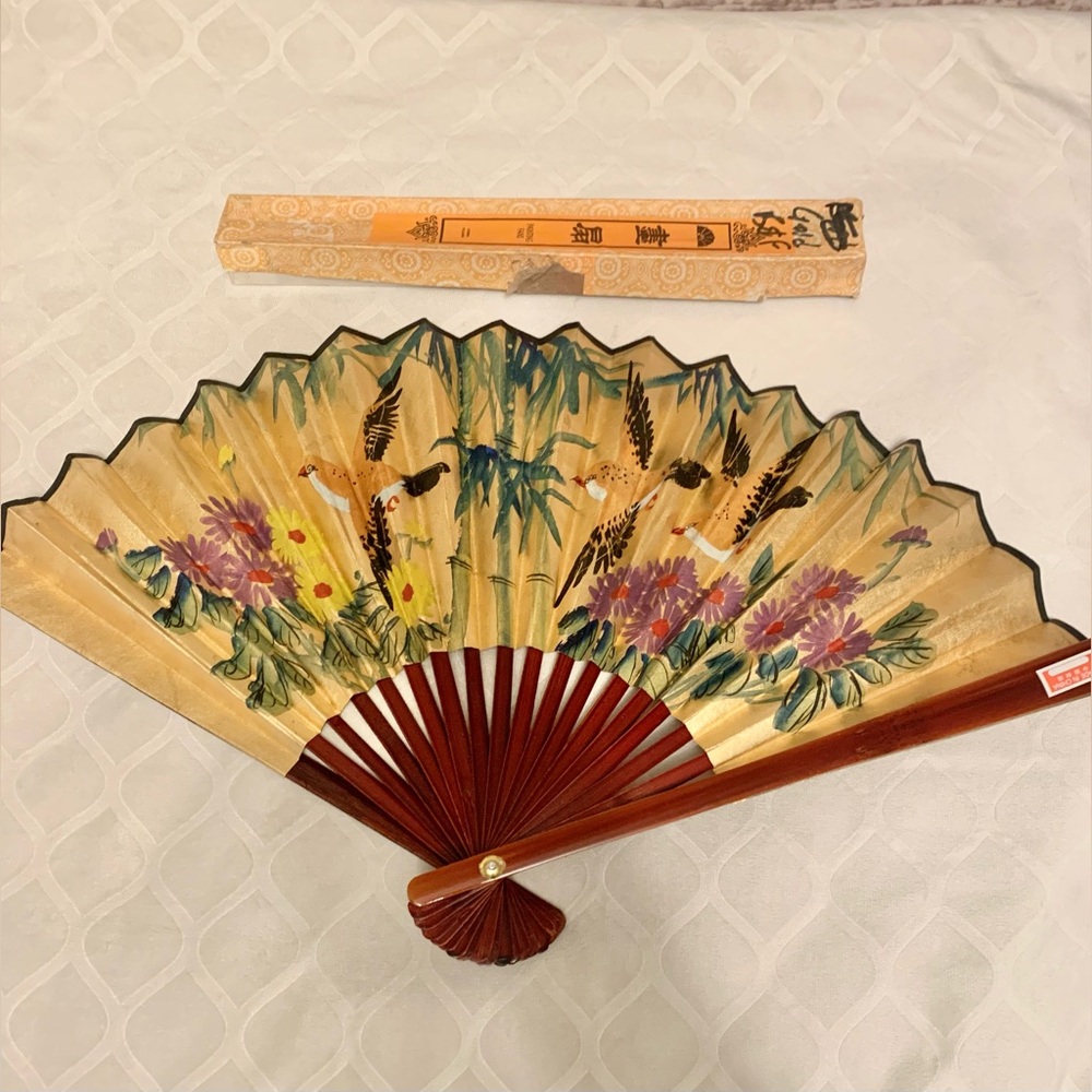Vintage Chinese Hand-Painted Folding Fan in Gold with Floral & Bird Motif